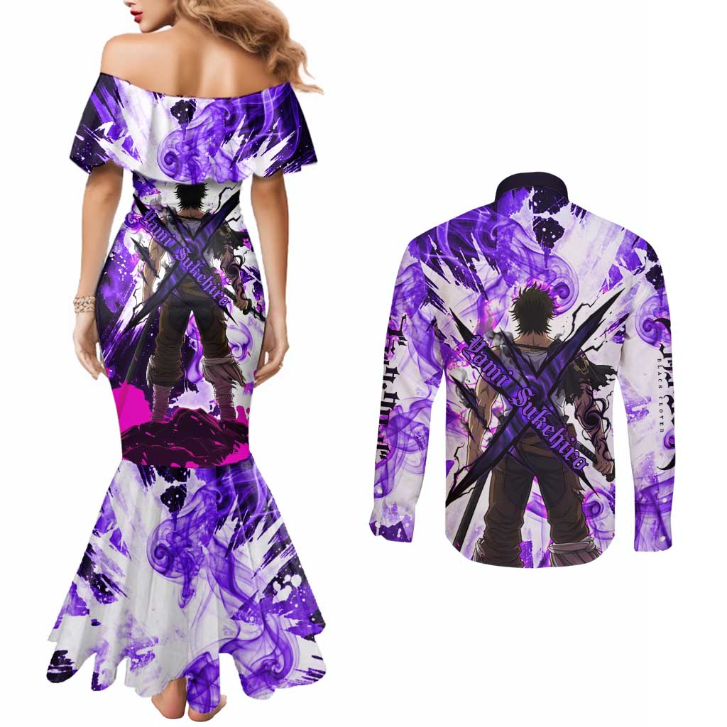 Yami Sukehiro Black Clover Couples Matching Mermaid Dress and Long Sleeve Button Shirt Dark Magic Anime Style with Purple Smoke and Bull Emblem