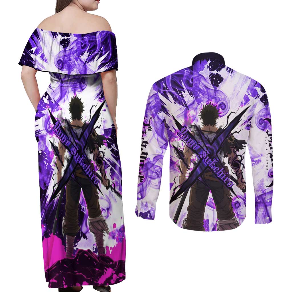 Yami Sukehiro Black Clover Couples Matching Off Shoulder Maxi Dress and Long Sleeve Button Shirt Dark Magic Anime Style with Purple Smoke and Bull Emblem