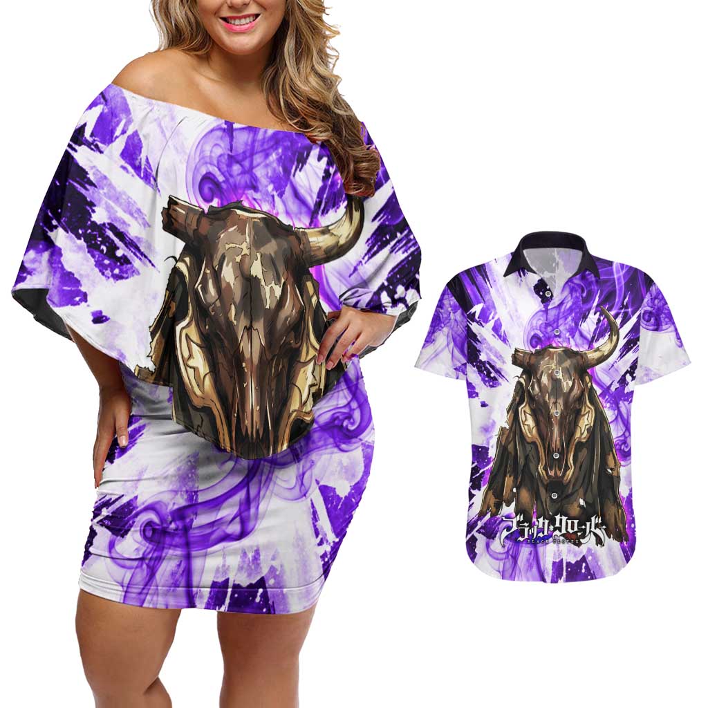 Yami Sukehiro Black Clover Couples Matching Off Shoulder Short Dress and Hawaiian Shirt Dark Magic Anime Style with Purple Smoke and Bull Emblem