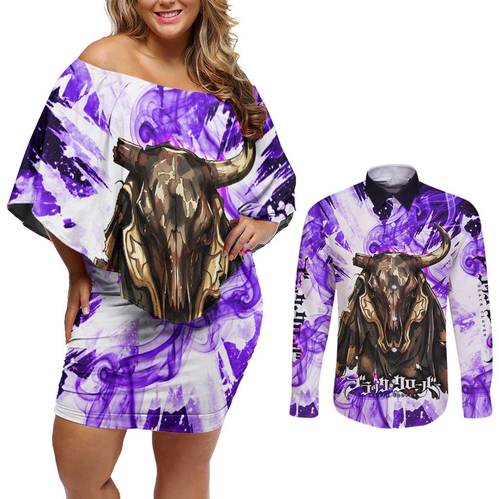 Yami Sukehiro Black Clover Couples Matching Off Shoulder Short Dress and Long Sleeve Button Shirt Dark Magic Anime Style with Purple Smoke and Bull Emblem