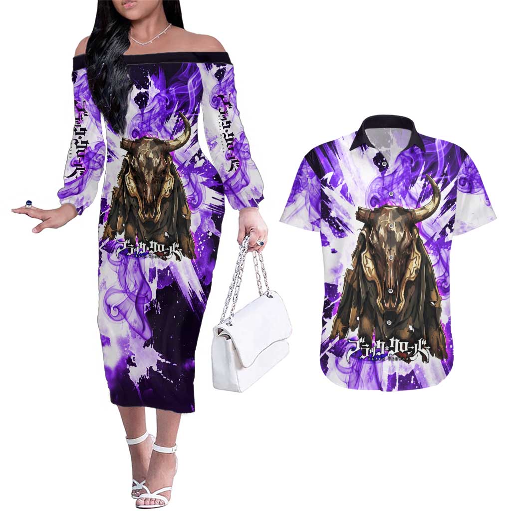 Yami Sukehiro Black Clover Couples Matching Off The Shoulder Long Sleeve Dress and Hawaiian Shirt Dark Magic Anime Style with Purple Smoke and Bull Emblem