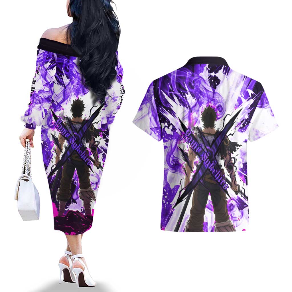 Yami Sukehiro Black Clover Couples Matching Off The Shoulder Long Sleeve Dress and Hawaiian Shirt Dark Magic Anime Style with Purple Smoke and Bull Emblem