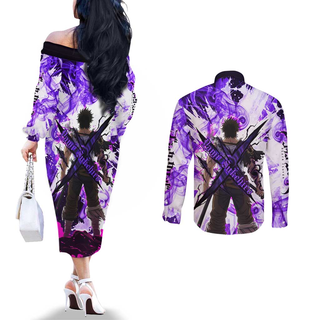 Yami Sukehiro Black Clover Couples Matching Off The Shoulder Long Sleeve Dress and Long Sleeve Button Shirt Dark Magic Anime Style with Purple Smoke and Bull Emblem