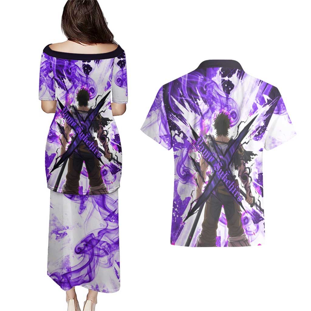 Yami Sukehiro Black Clover Couples Matching Puletasi and Hawaiian Shirt Dark Magic Anime Style with Purple Smoke and Bull Emblem
