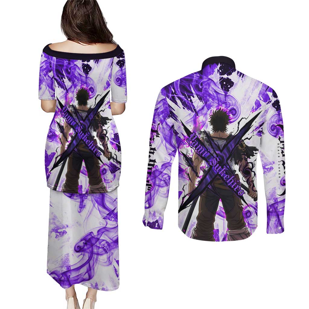 Yami Sukehiro Black Clover Couples Matching Puletasi and Long Sleeve Button Shirt Dark Magic Anime Style with Purple Smoke and Bull Emblem
