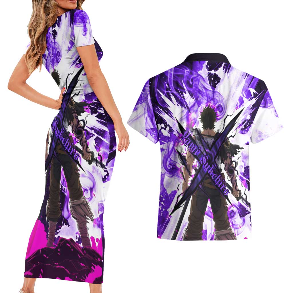 Yami Sukehiro Black Clover Couples Matching Short Sleeve Bodycon Dress and Hawaiian Shirt Dark Magic Anime Style with Purple Smoke and Bull Emblem