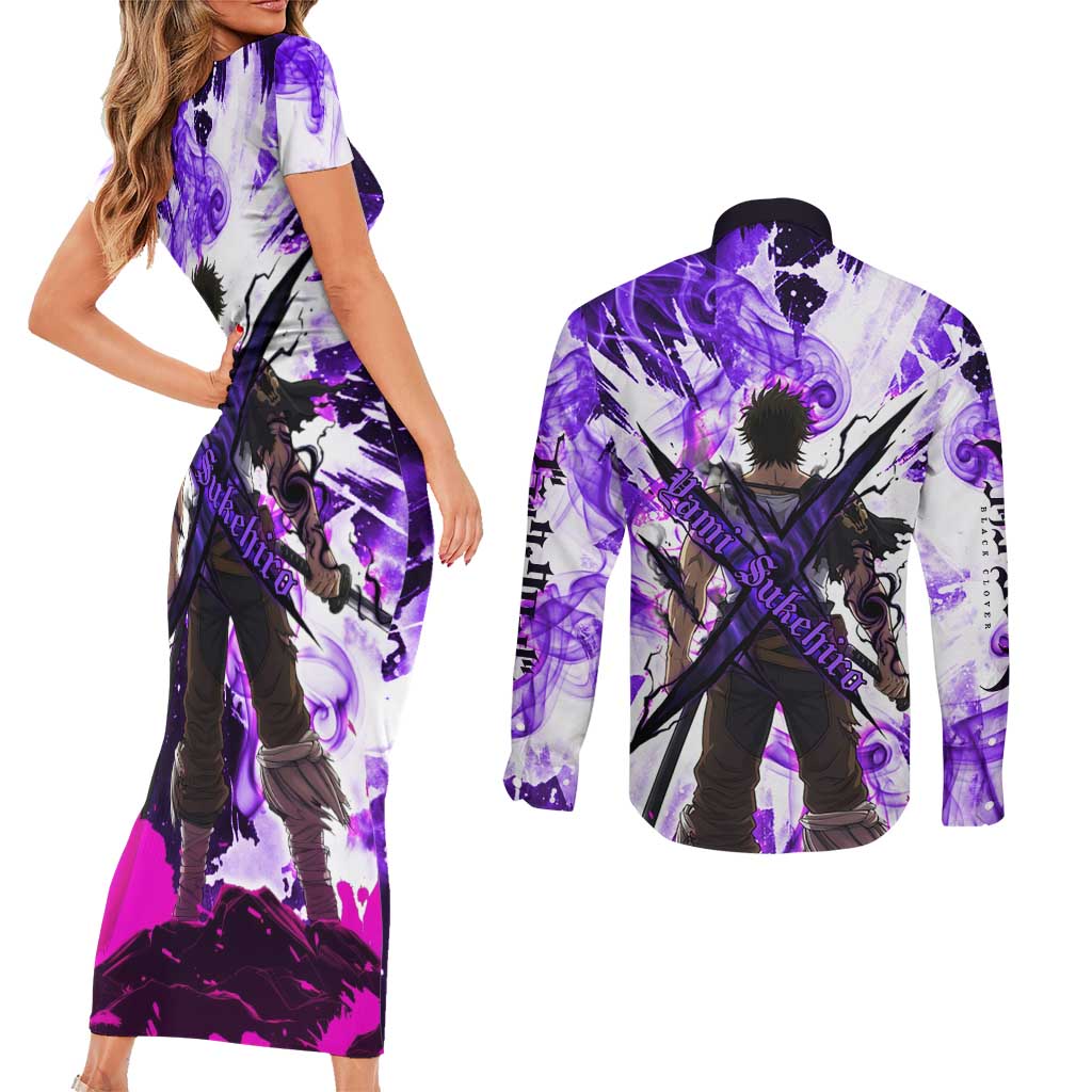 Yami Sukehiro Black Clover Couples Matching Short Sleeve Bodycon Dress and Long Sleeve Button Shirt Dark Magic Anime Style with Purple Smoke and Bull Emblem