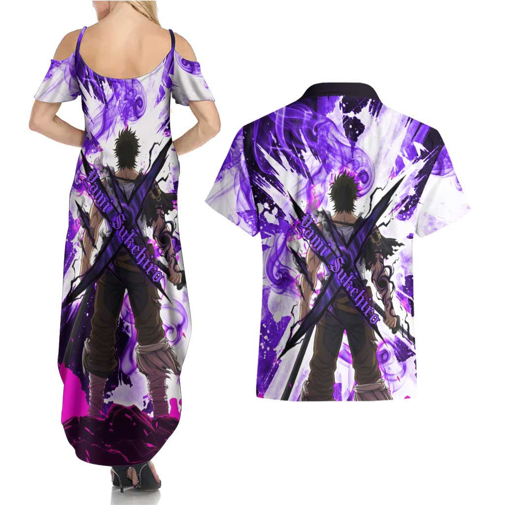 Yami Sukehiro Black Clover Couples Matching Summer Maxi Dress and Hawaiian Shirt Dark Magic Anime Style with Purple Smoke and Bull Emblem