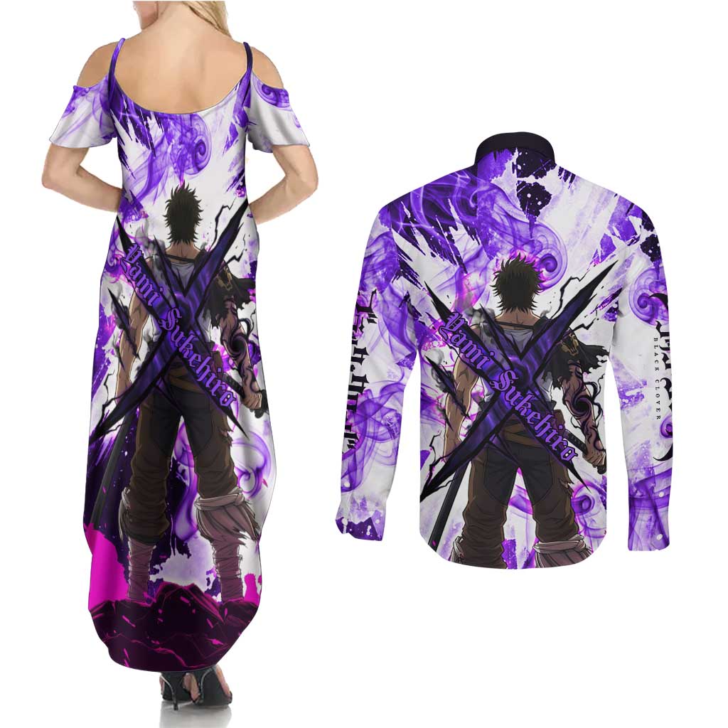 Yami Sukehiro Black Clover Couples Matching Summer Maxi Dress and Long Sleeve Button Shirt Dark Magic Anime Style with Purple Smoke and Bull Emblem
