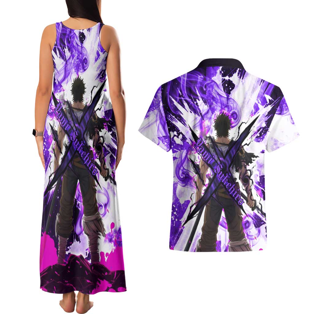 Yami Sukehiro Black Clover Couples Matching Tank Maxi Dress and Hawaiian Shirt Dark Magic Anime Style with Purple Smoke and Bull Emblem