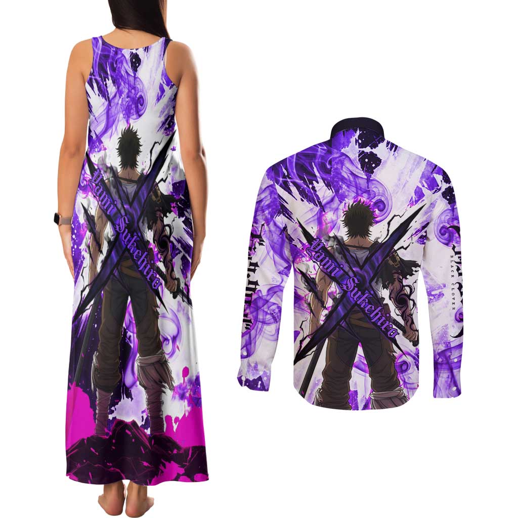 Yami Sukehiro Black Clover Couples Matching Tank Maxi Dress and Long Sleeve Button Shirt Dark Magic Anime Style with Purple Smoke and Bull Emblem