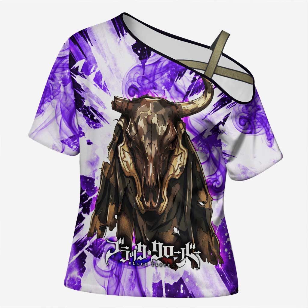 Yami Sukehiro Black Clover Cross Shoulder Shirt Dark Magic Anime Style with Purple Smoke and Bull Emblem