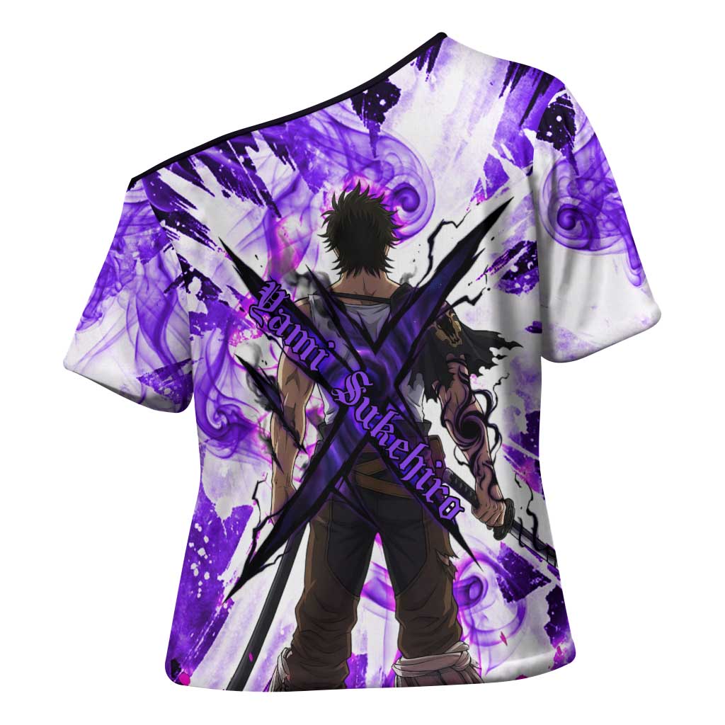 Yami Sukehiro Black Clover Cross Shoulder Shirt Dark Magic Anime Style with Purple Smoke and Bull Emblem
