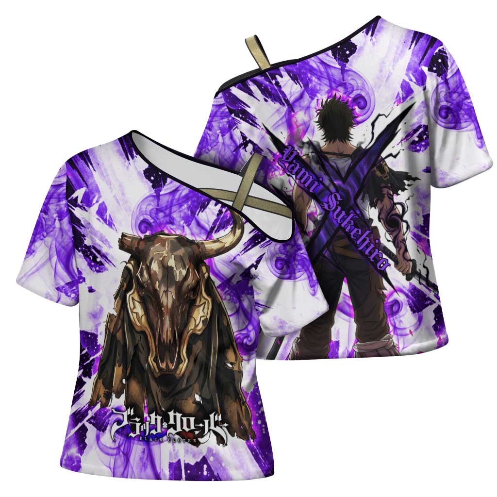 Yami Sukehiro Black Clover Cross Shoulder Shirt Dark Magic Anime Style with Purple Smoke and Bull Emblem