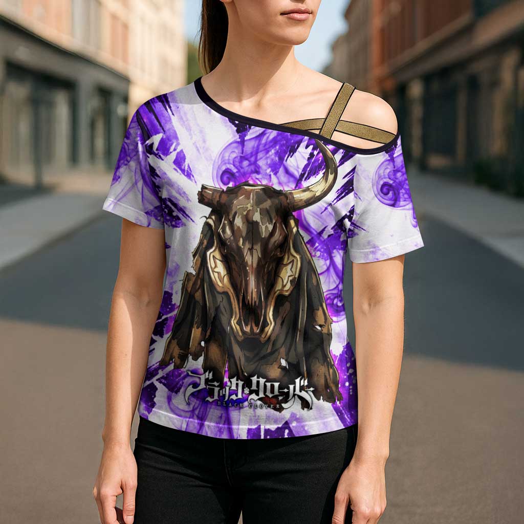 Yami Sukehiro Black Clover Cross Shoulder Shirt Dark Magic Anime Style with Purple Smoke and Bull Emblem