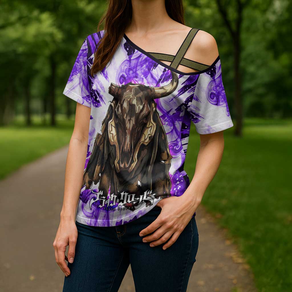 Yami Sukehiro Black Clover Cross Shoulder Shirt Dark Magic Anime Style with Purple Smoke and Bull Emblem