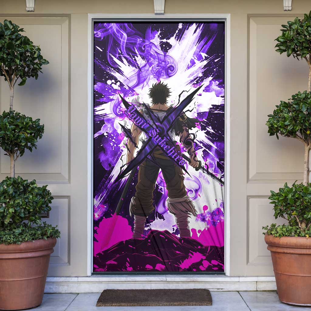 Yami Sukehiro Black Clover Door Cover Dark Magic Anime Style with Purple Smoke and Bull Emblem