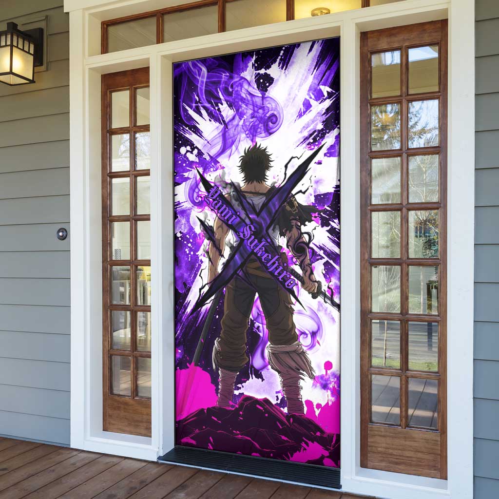 Yami Sukehiro Black Clover Door Cover Dark Magic Anime Style with Purple Smoke and Bull Emblem