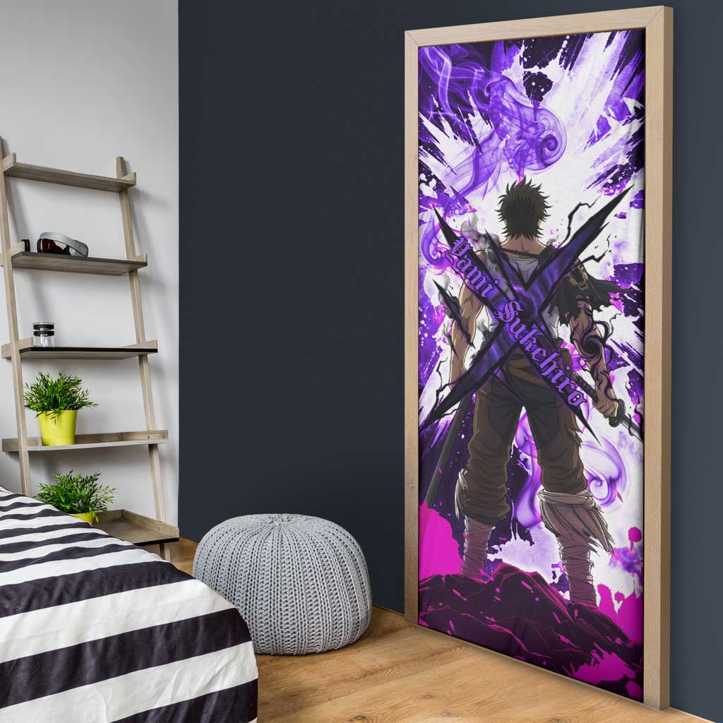 Yami Sukehiro Black Clover Door Cover Dark Magic Anime Style with Purple Smoke and Bull Emblem