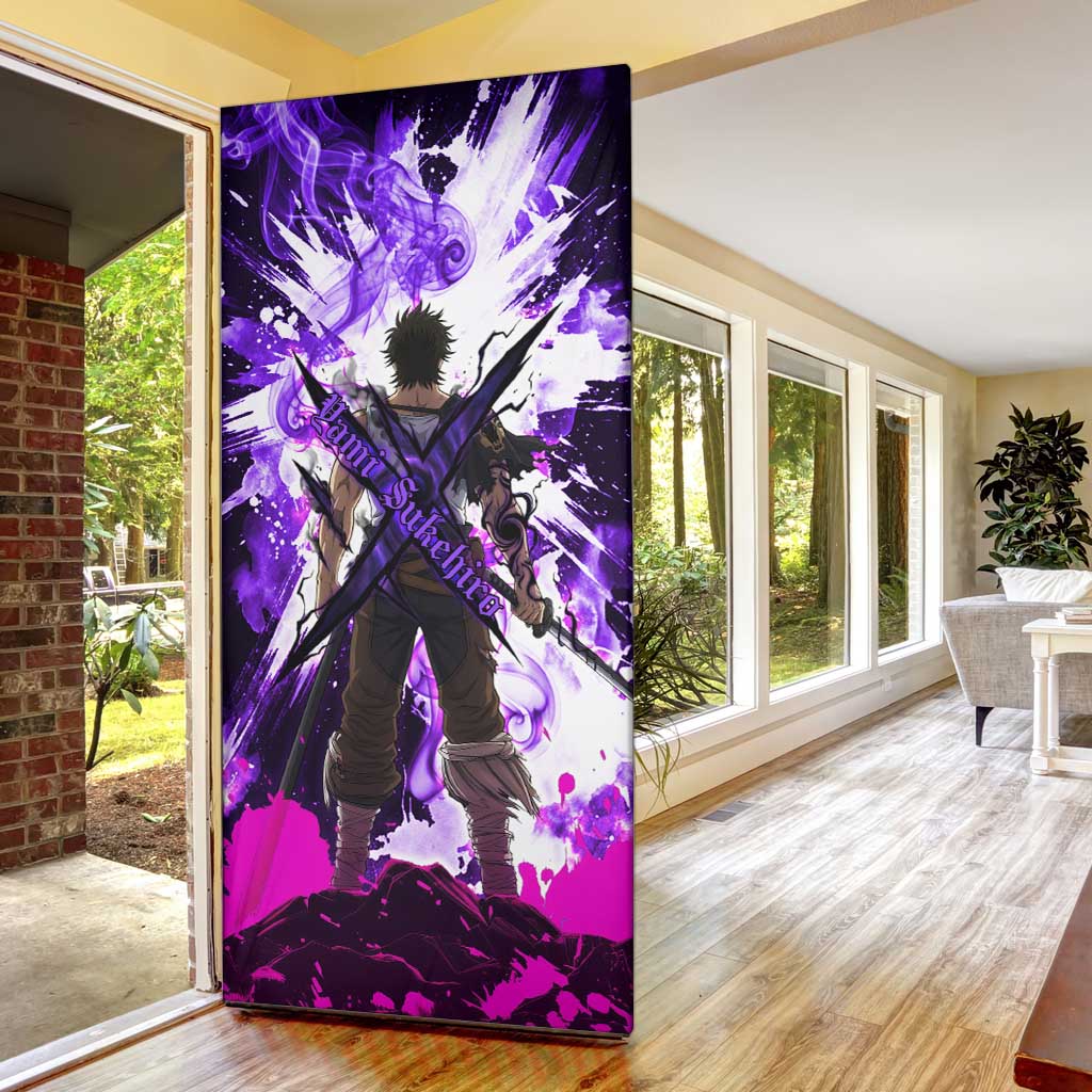Yami Sukehiro Black Clover Door Cover Dark Magic Anime Style with Purple Smoke and Bull Emblem
