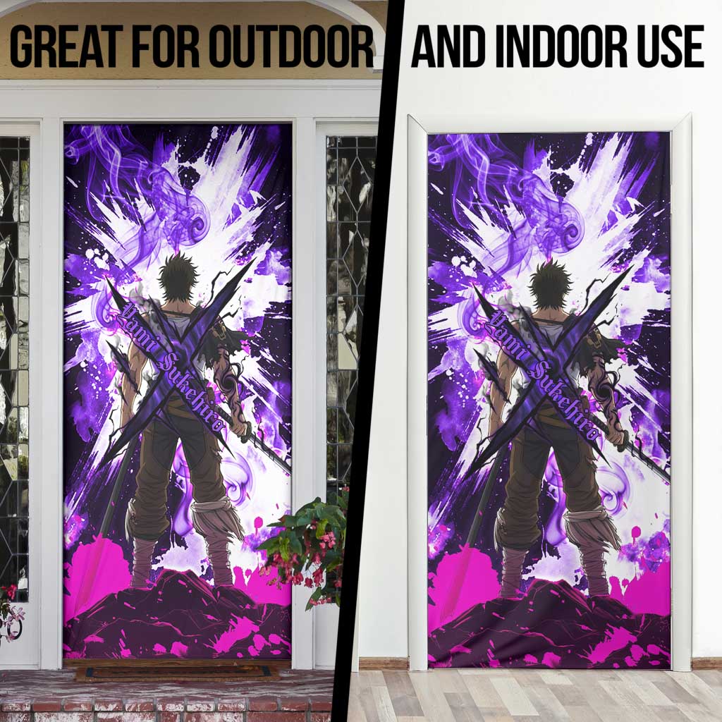 Yami Sukehiro Black Clover Door Cover Dark Magic Anime Style with Purple Smoke and Bull Emblem