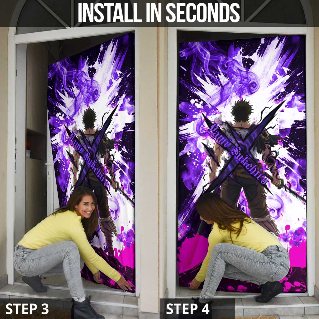 Yami Sukehiro Black Clover Door Cover Dark Magic Anime Style with Purple Smoke and Bull Emblem