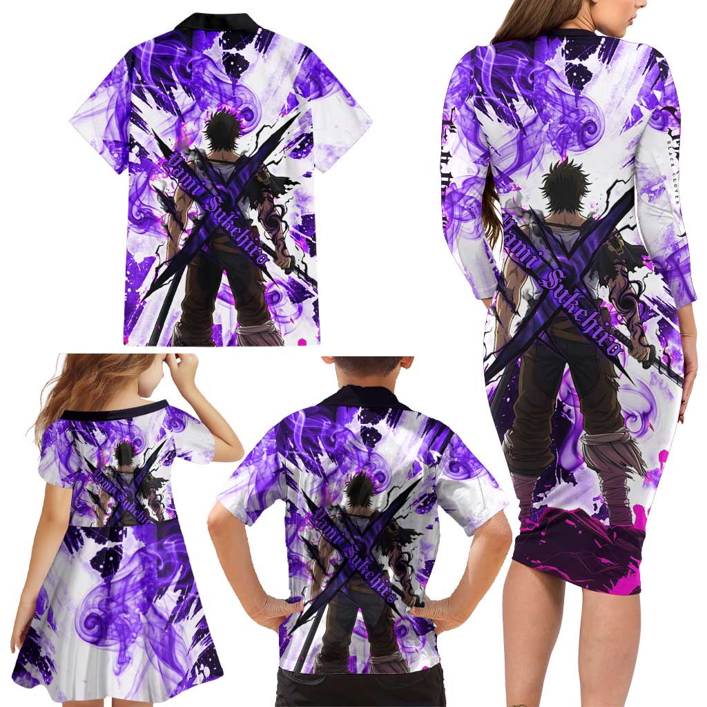 Yami Sukehiro Black Clover Family Matching Long Sleeve Bodycon Dress and Hawaiian Shirt Dark Magic Anime Style with Purple Smoke and Bull Emblem