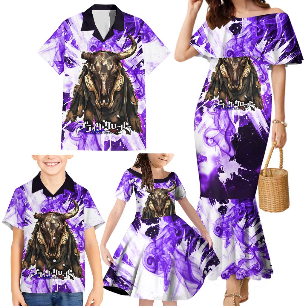 Yami Sukehiro Black Clover Family Matching Mermaid Dress and Hawaiian Shirt Dark Magic Anime Style with Purple Smoke and Bull Emblem