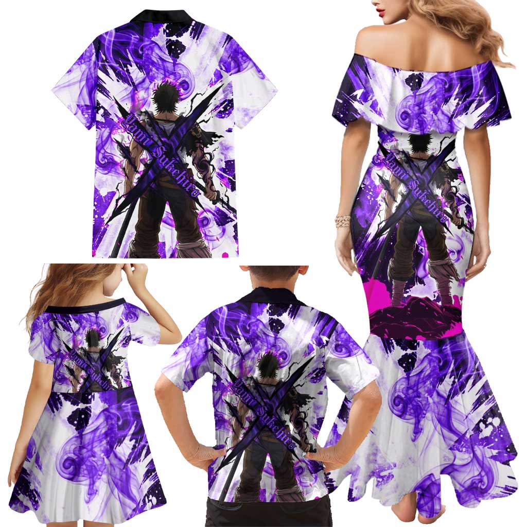 Yami Sukehiro Black Clover Family Matching Mermaid Dress and Hawaiian Shirt Dark Magic Anime Style with Purple Smoke and Bull Emblem