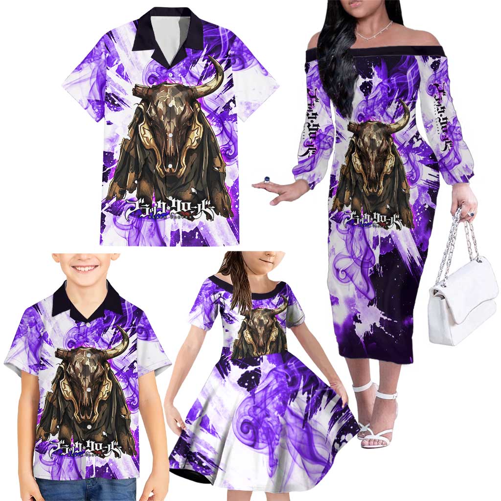 Yami Sukehiro Black Clover Family Matching Off The Shoulder Long Sleeve Dress and Hawaiian Shirt Dark Magic Anime Style with Purple Smoke and Bull Emblem