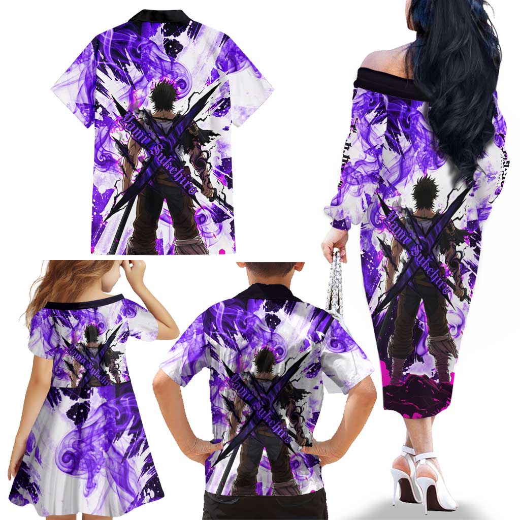 Yami Sukehiro Black Clover Family Matching Off The Shoulder Long Sleeve Dress and Hawaiian Shirt Dark Magic Anime Style with Purple Smoke and Bull Emblem