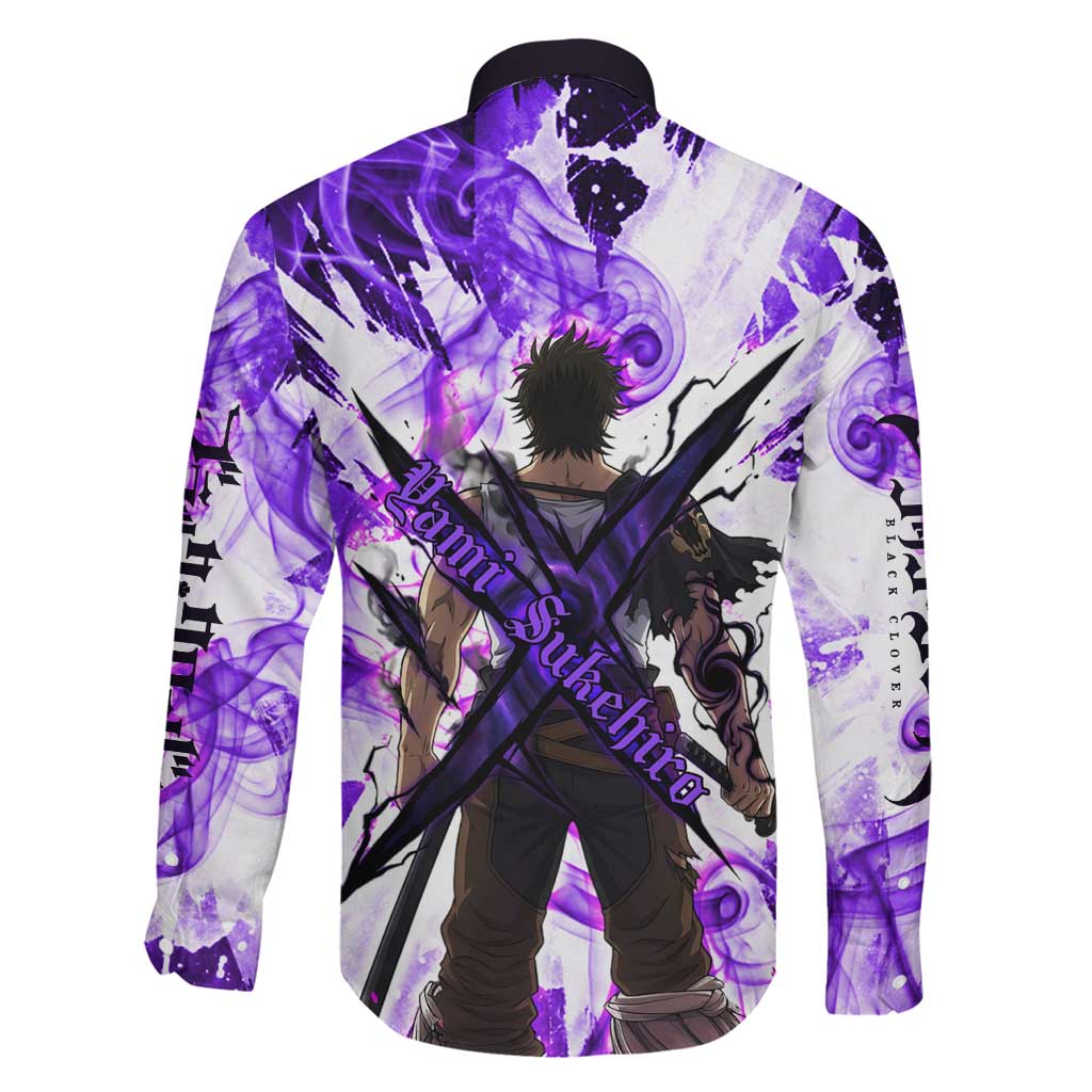 Yami Sukehiro Black Clover Family Matching Off The Shoulder Long Sleeve Dress and Hawaiian Shirt Dark Magic Anime Style with Purple Smoke and Bull Emblem