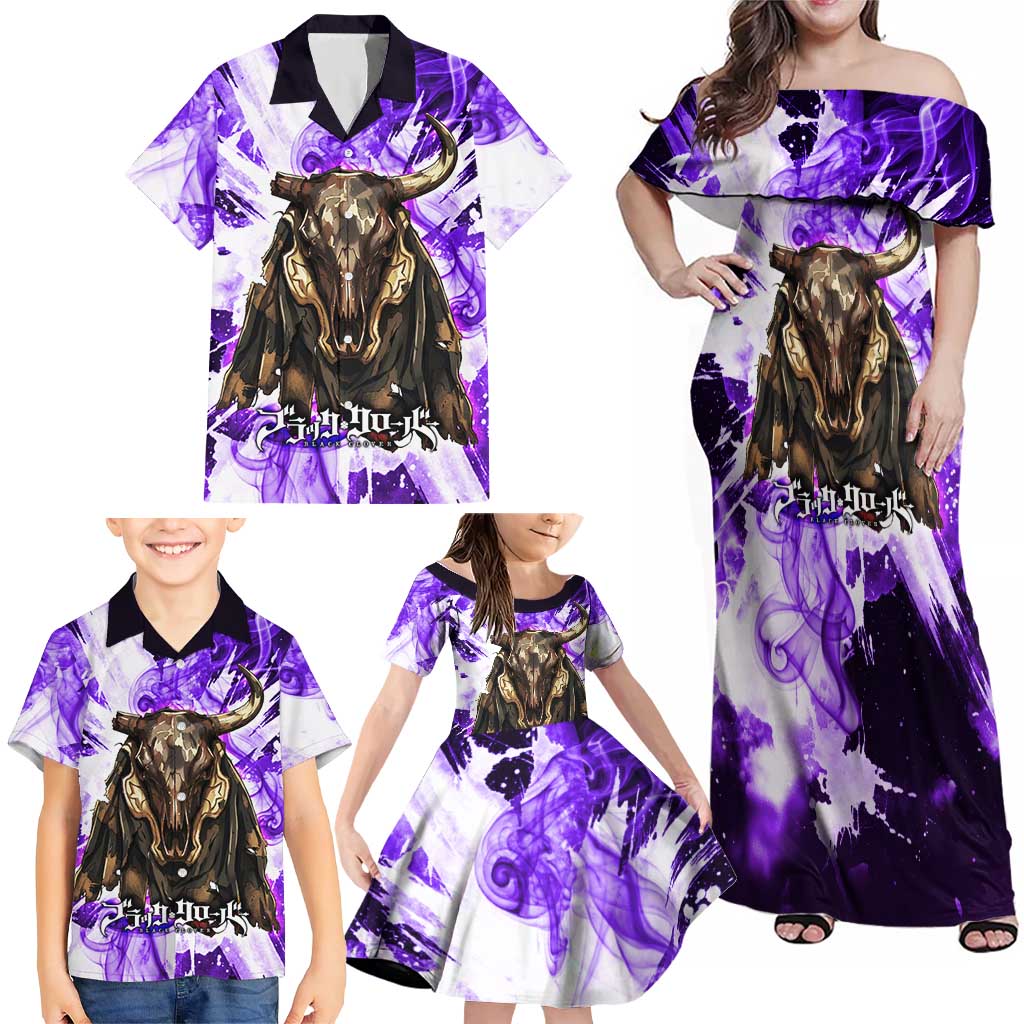 Yami Sukehiro Black Clover Family Matching Off Shoulder Maxi Dress and Hawaiian Shirt Dark Magic Anime Style with Purple Smoke and Bull Emblem