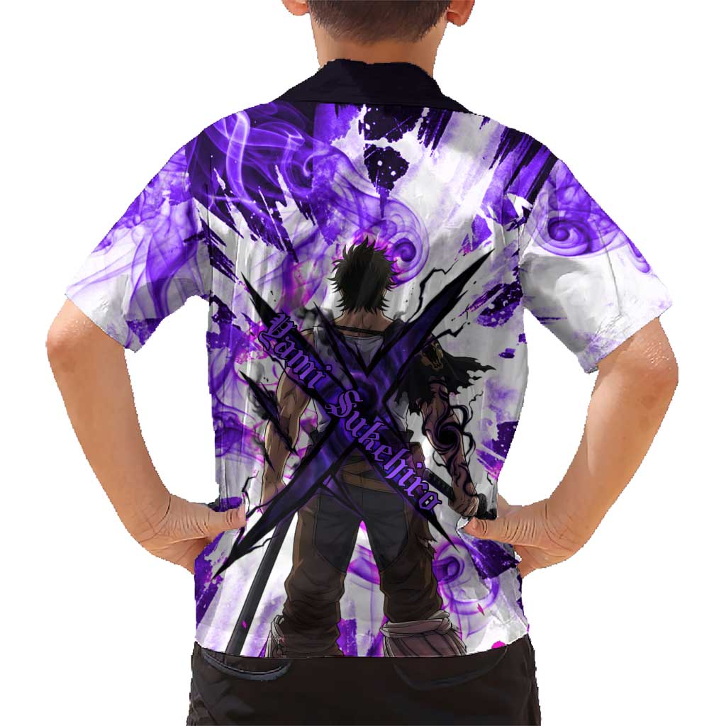 Yami Sukehiro Black Clover Family Matching Off Shoulder Maxi Dress and Hawaiian Shirt Dark Magic Anime Style with Purple Smoke and Bull Emblem
