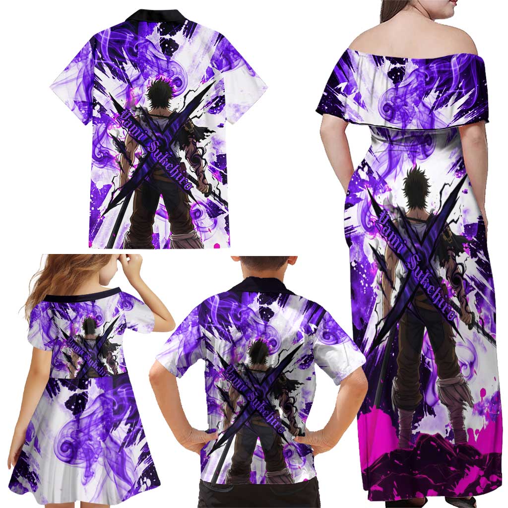 Yami Sukehiro Black Clover Family Matching Off Shoulder Maxi Dress and Hawaiian Shirt Dark Magic Anime Style with Purple Smoke and Bull Emblem
