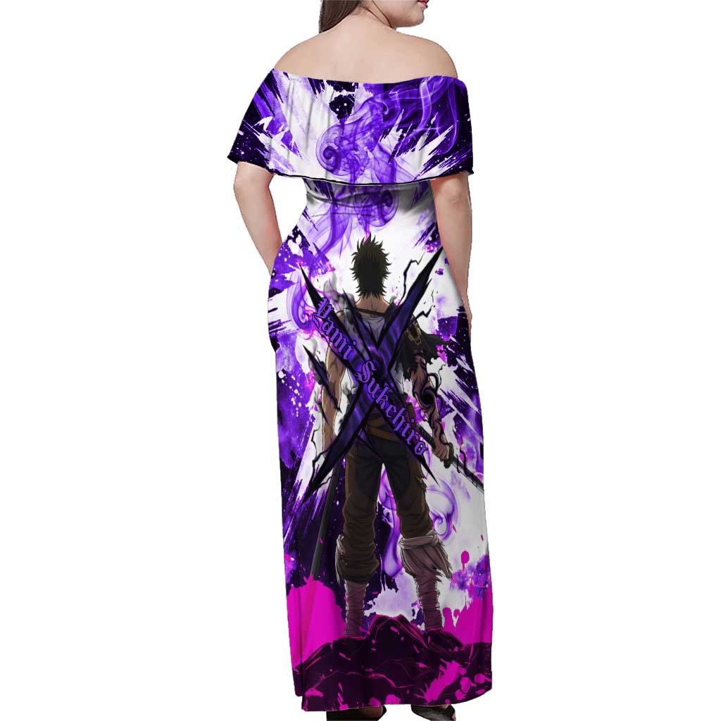 Yami Sukehiro Black Clover Family Matching Off Shoulder Maxi Dress and Hawaiian Shirt Dark Magic Anime Style with Purple Smoke and Bull Emblem
