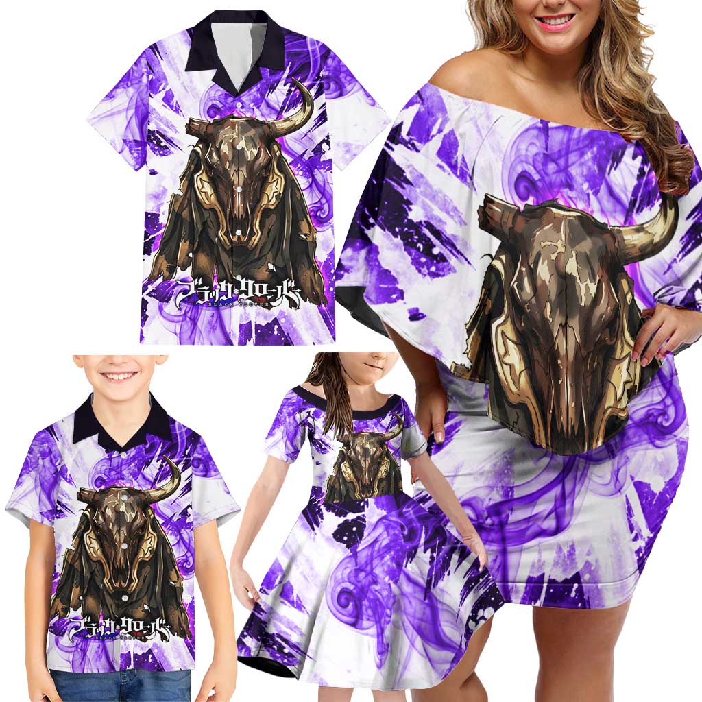 Yami Sukehiro Black Clover Family Matching Off Shoulder Short Dress and Hawaiian Shirt Dark Magic Anime Style with Purple Smoke and Bull Emblem