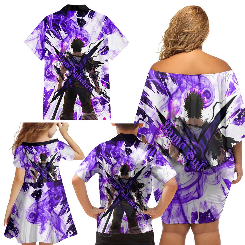 Yami Sukehiro Black Clover Family Matching Off Shoulder Short Dress and Hawaiian Shirt Dark Magic Anime Style with Purple Smoke and Bull Emblem