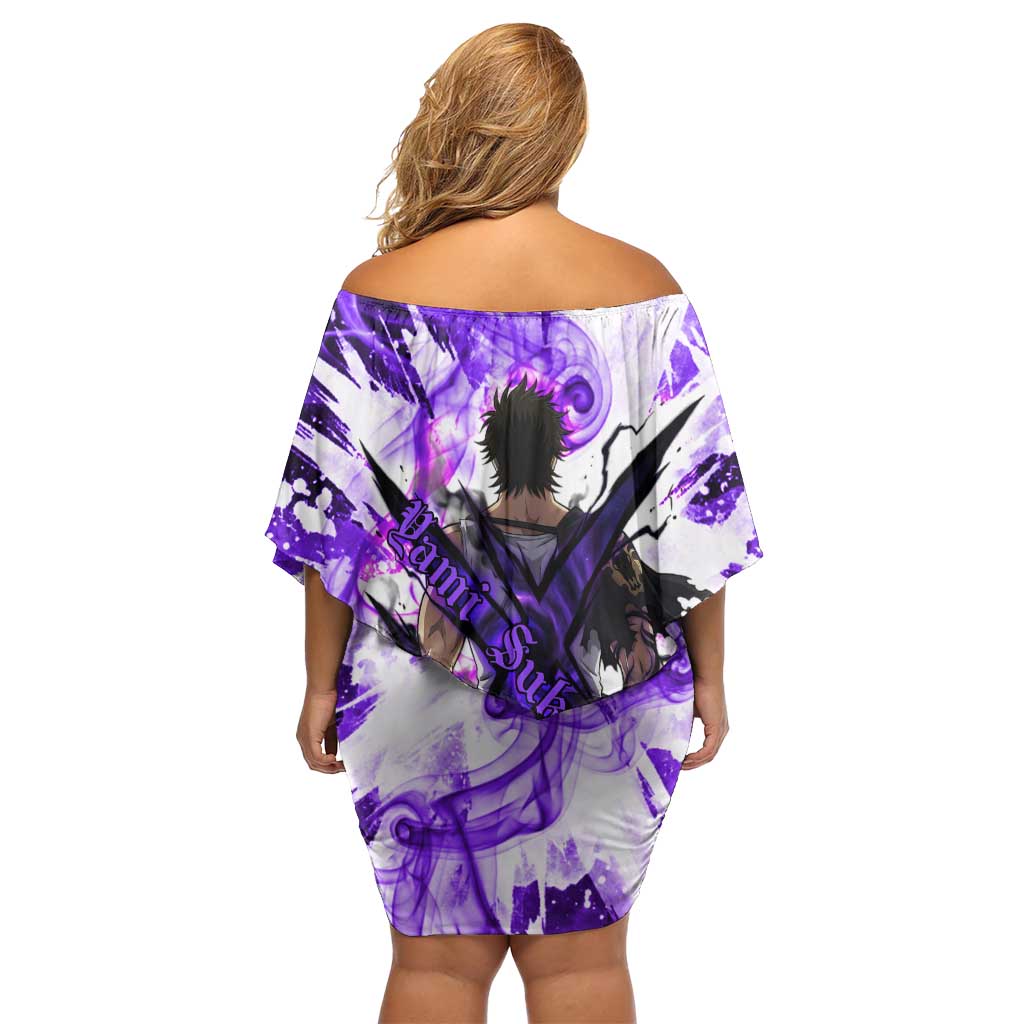 Yami Sukehiro Black Clover Family Matching Off Shoulder Short Dress and Hawaiian Shirt Dark Magic Anime Style with Purple Smoke and Bull Emblem