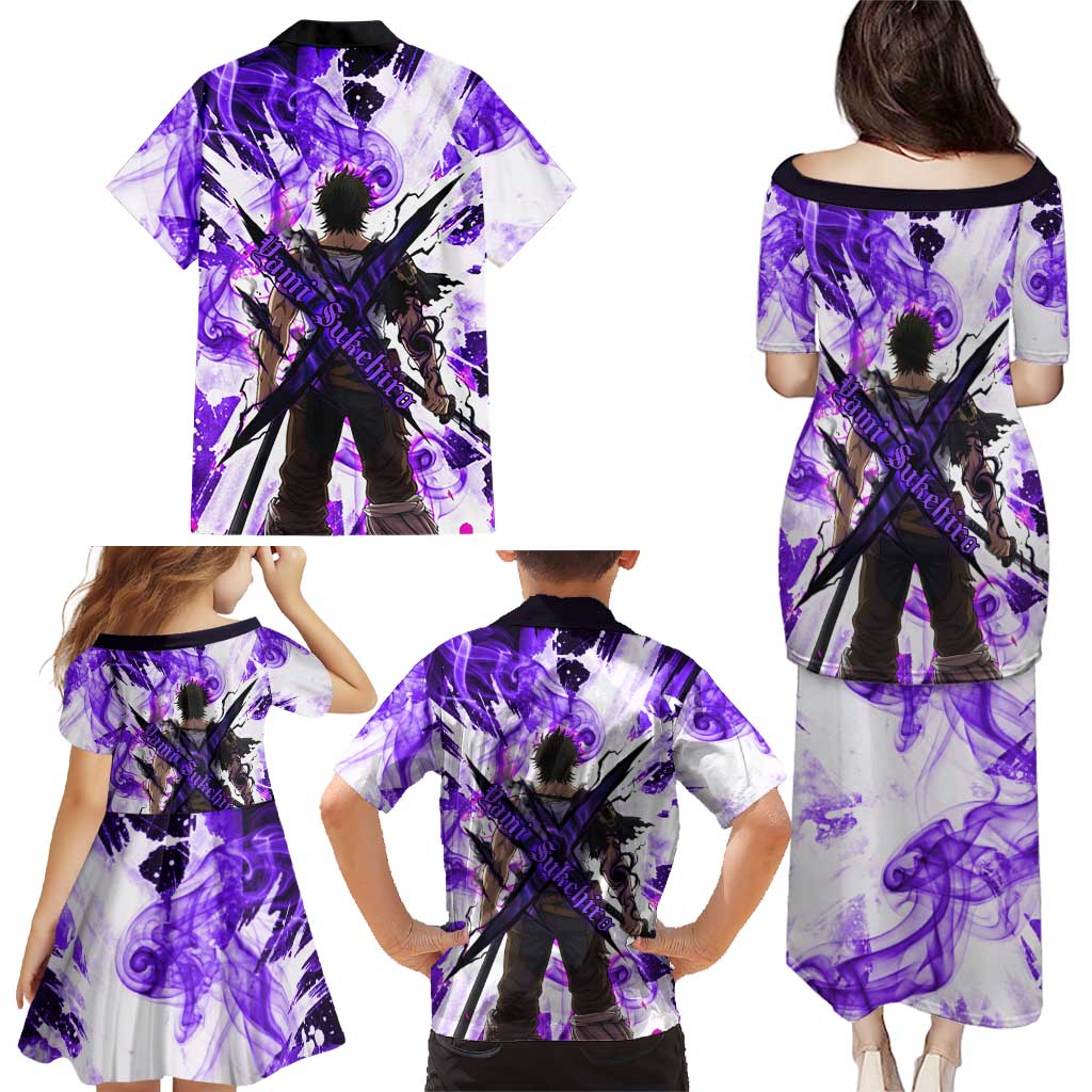 Yami Sukehiro Black Clover Family Matching Puletasi and Hawaiian Shirt Dark Magic Anime Style with Purple Smoke and Bull Emblem