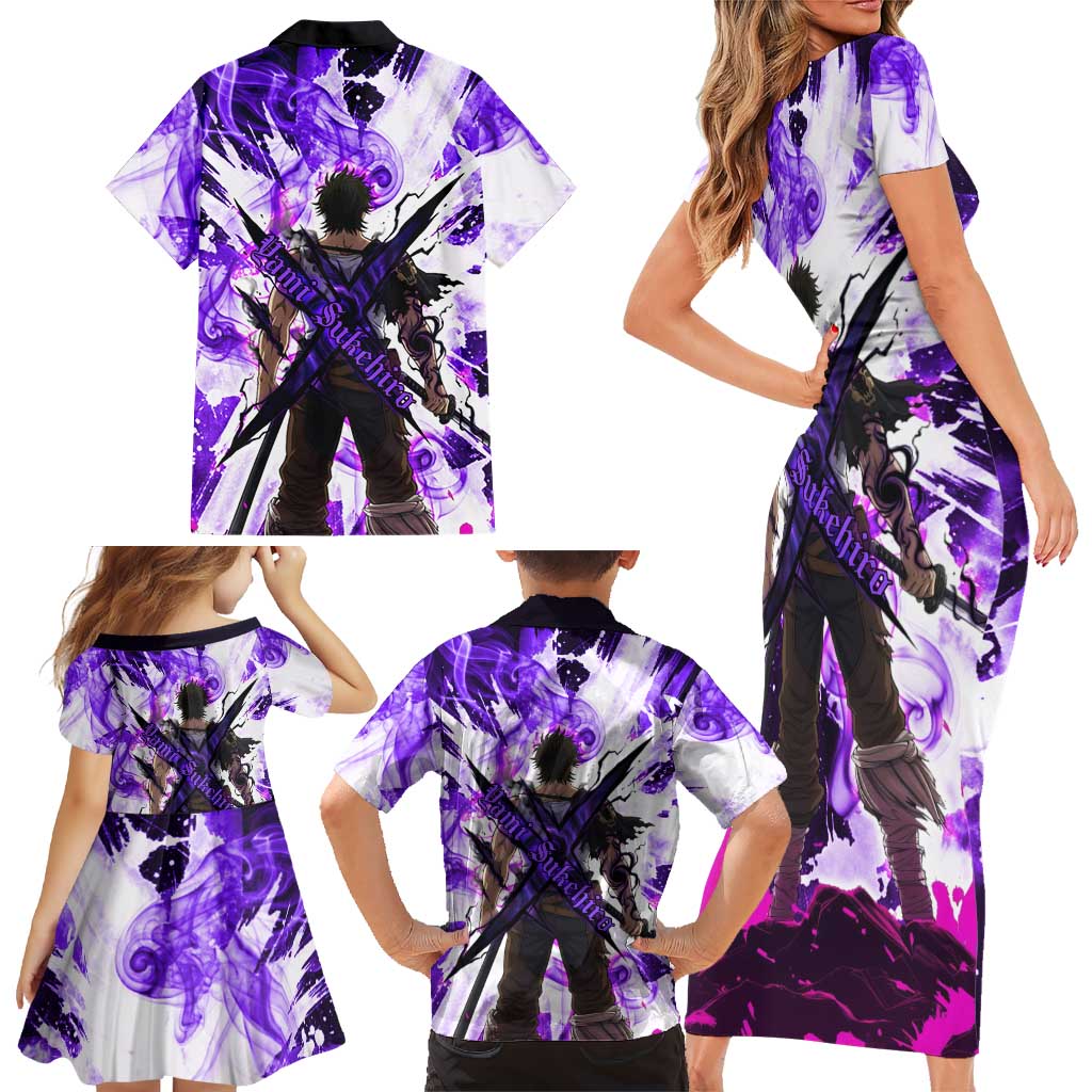 Yami Sukehiro Black Clover Family Matching Short Sleeve Bodycon Dress and Hawaiian Shirt Dark Magic Anime Style with Purple Smoke and Bull Emblem