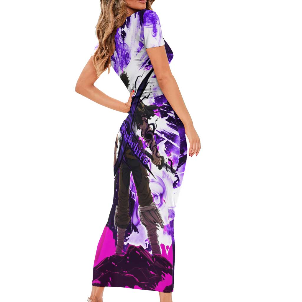 Yami Sukehiro Black Clover Family Matching Short Sleeve Bodycon Dress and Hawaiian Shirt Dark Magic Anime Style with Purple Smoke and Bull Emblem