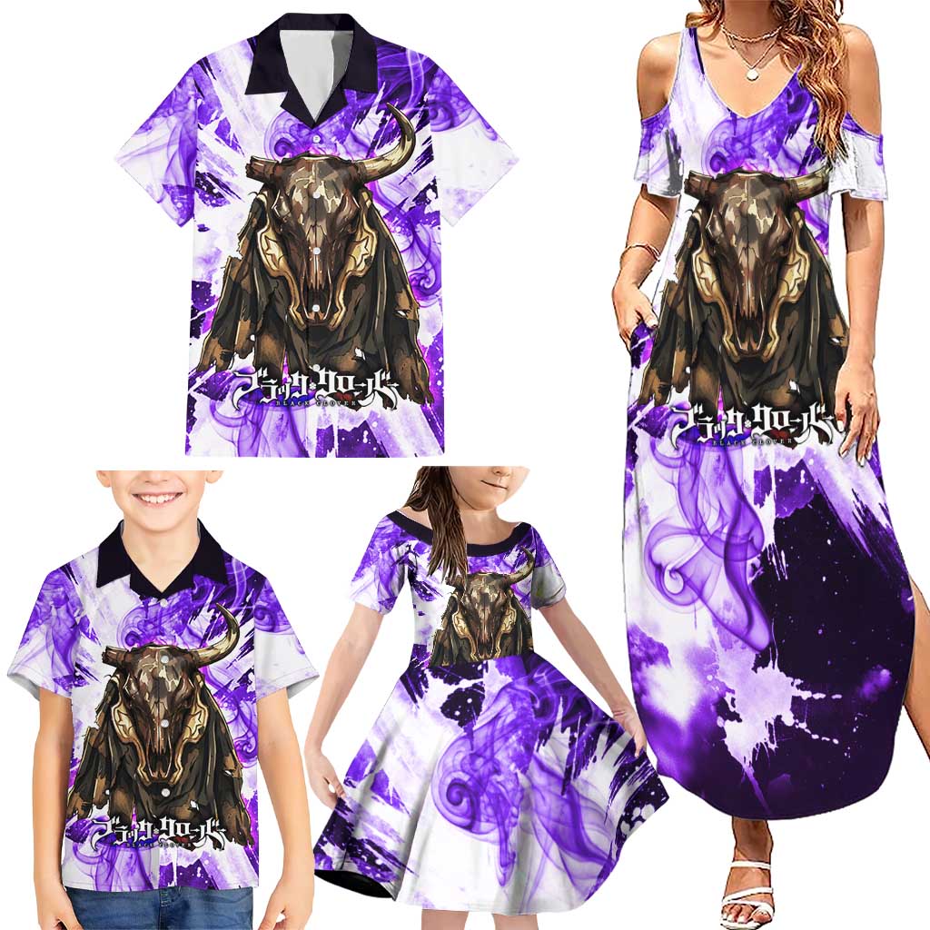 Yami Sukehiro Black Clover Family Matching Summer Maxi Dress and Hawaiian Shirt Dark Magic Anime Style with Purple Smoke and Bull Emblem