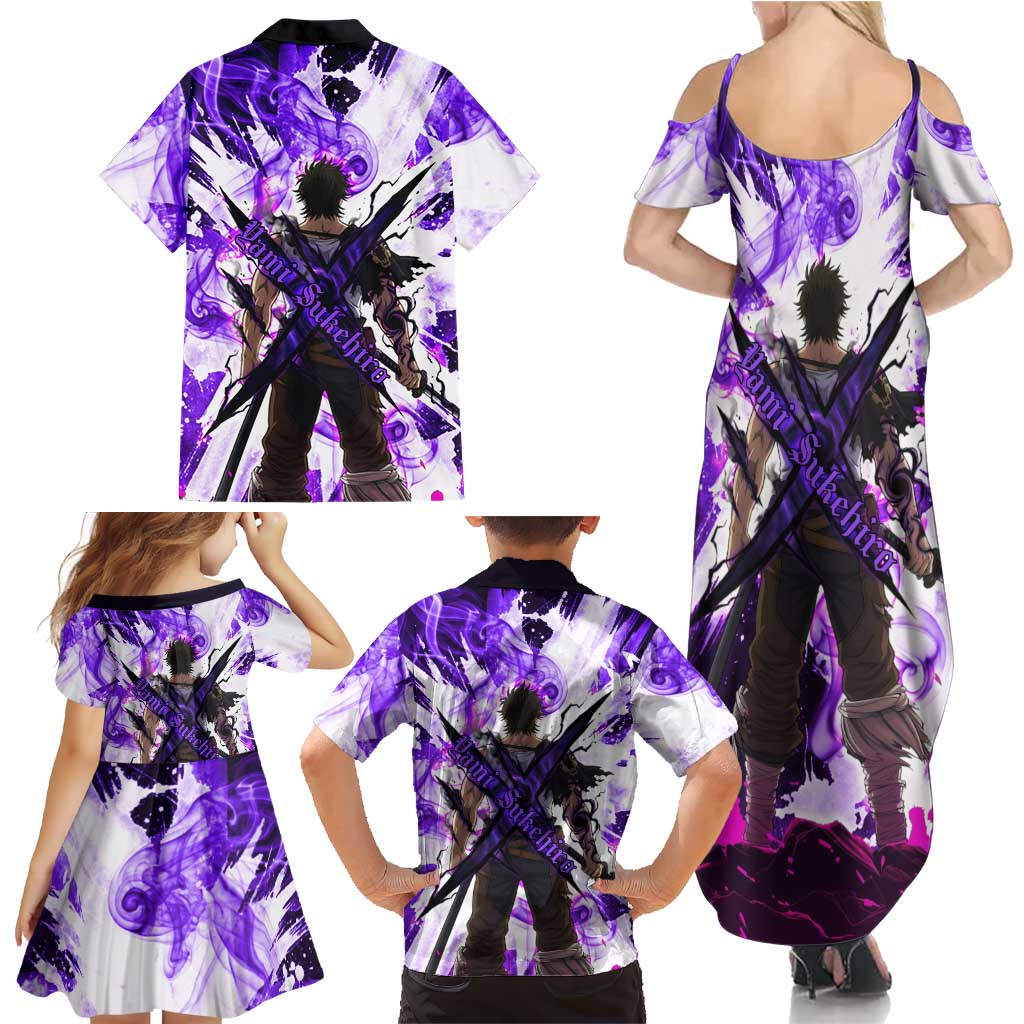 Yami Sukehiro Black Clover Family Matching Summer Maxi Dress and Hawaiian Shirt Dark Magic Anime Style with Purple Smoke and Bull Emblem