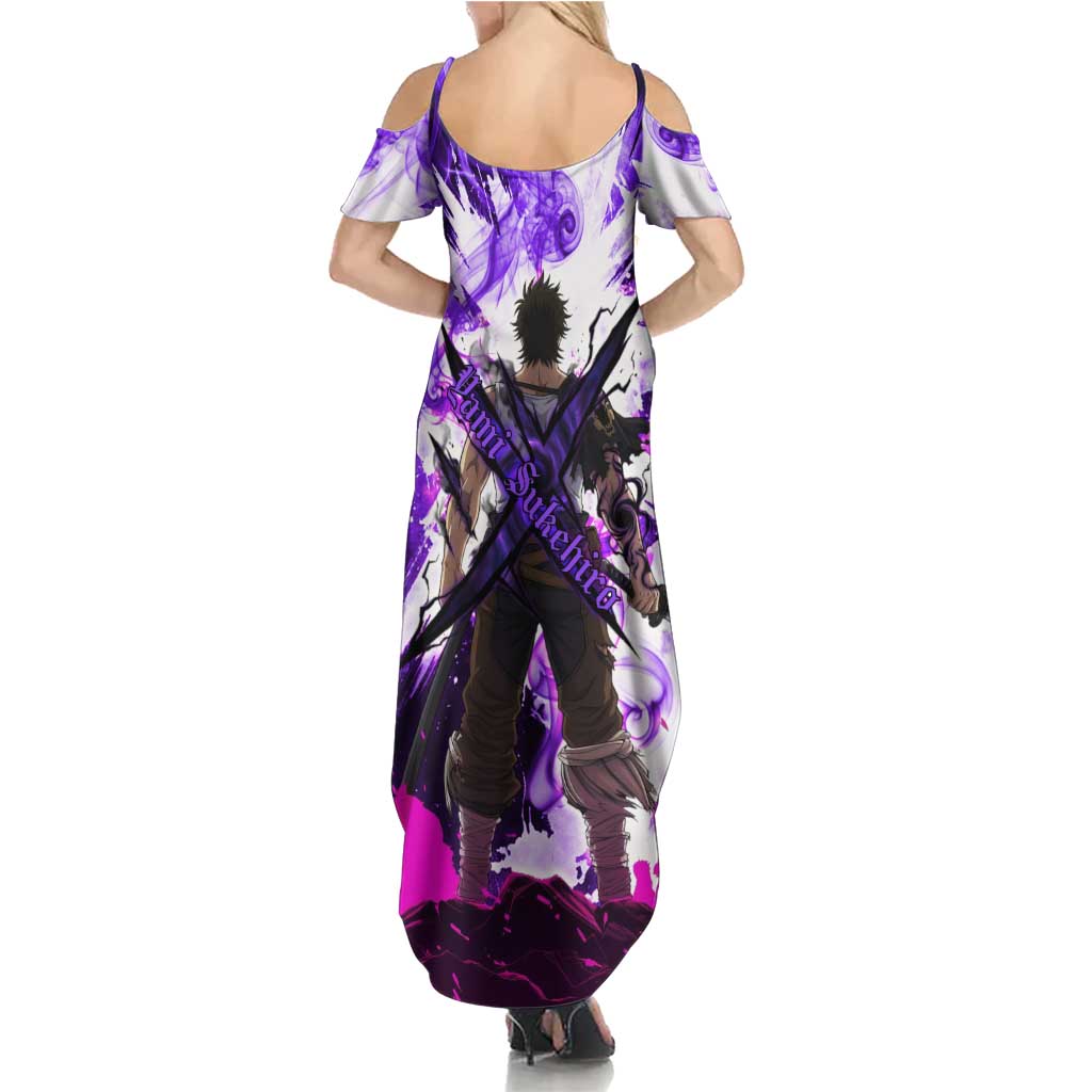Yami Sukehiro Black Clover Family Matching Summer Maxi Dress and Hawaiian Shirt Dark Magic Anime Style with Purple Smoke and Bull Emblem