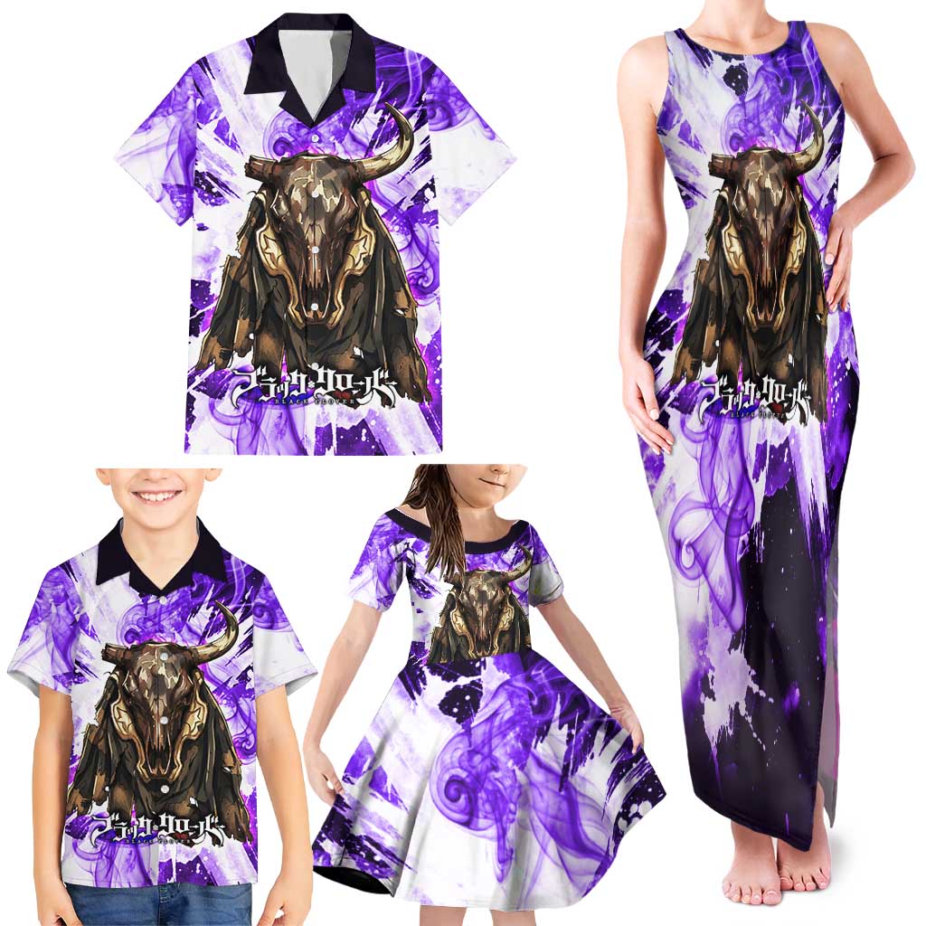 Yami Sukehiro Black Clover Family Matching Tank Maxi Dress and Hawaiian Shirt Dark Magic Anime Style with Purple Smoke and Bull Emblem