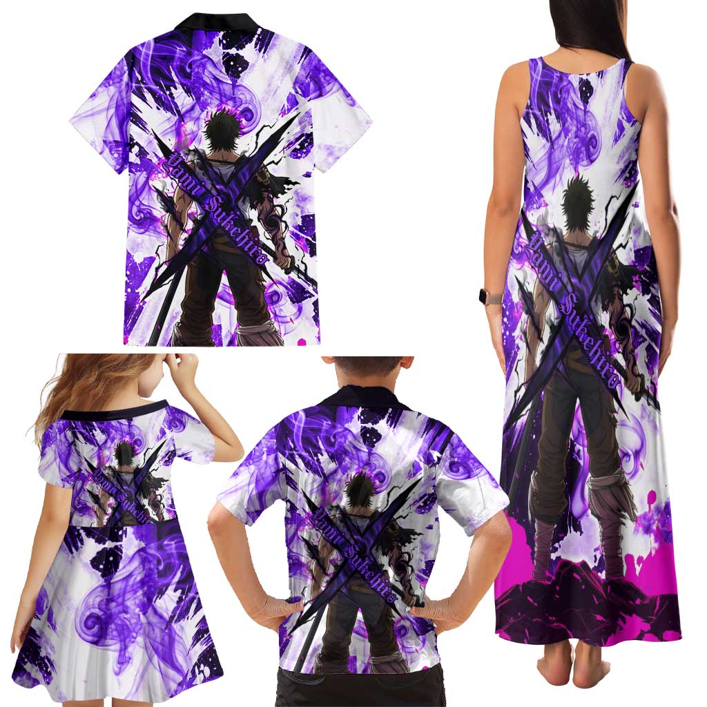 Yami Sukehiro Black Clover Family Matching Tank Maxi Dress and Hawaiian Shirt Dark Magic Anime Style with Purple Smoke and Bull Emblem