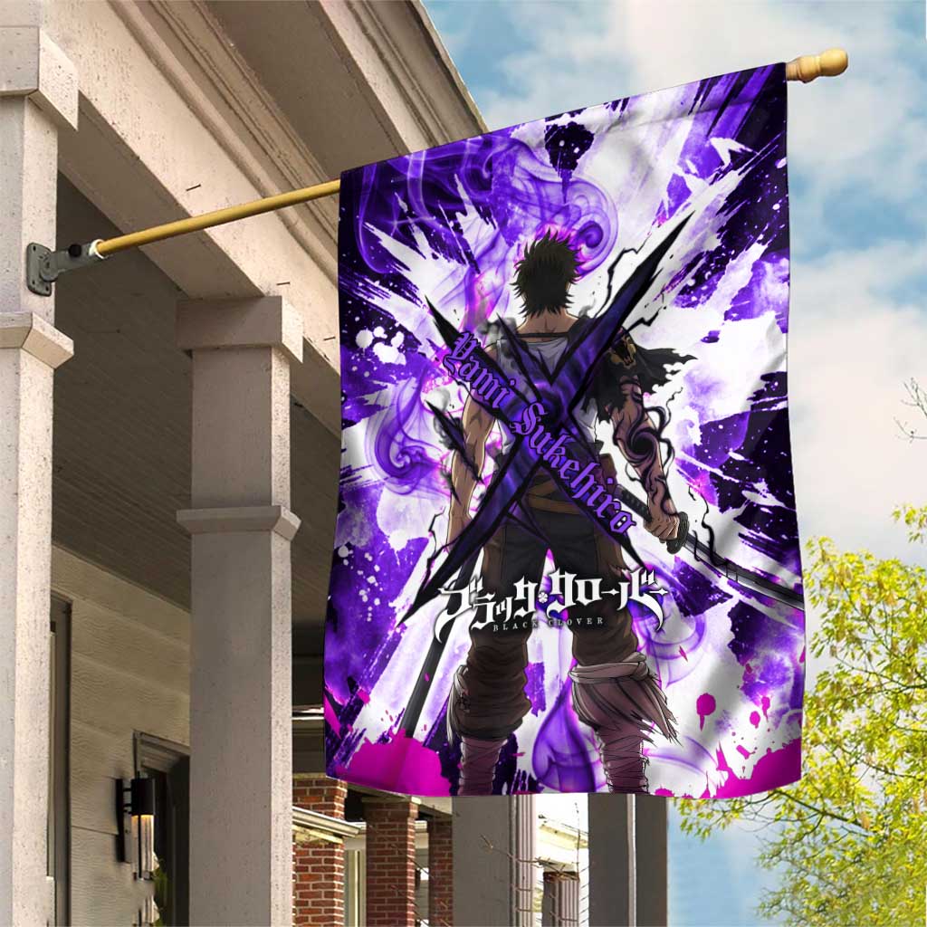Yami Sukehiro Black Clover Garden Flag Dark Magic Anime Style with Purple Smoke and Bull Emblem