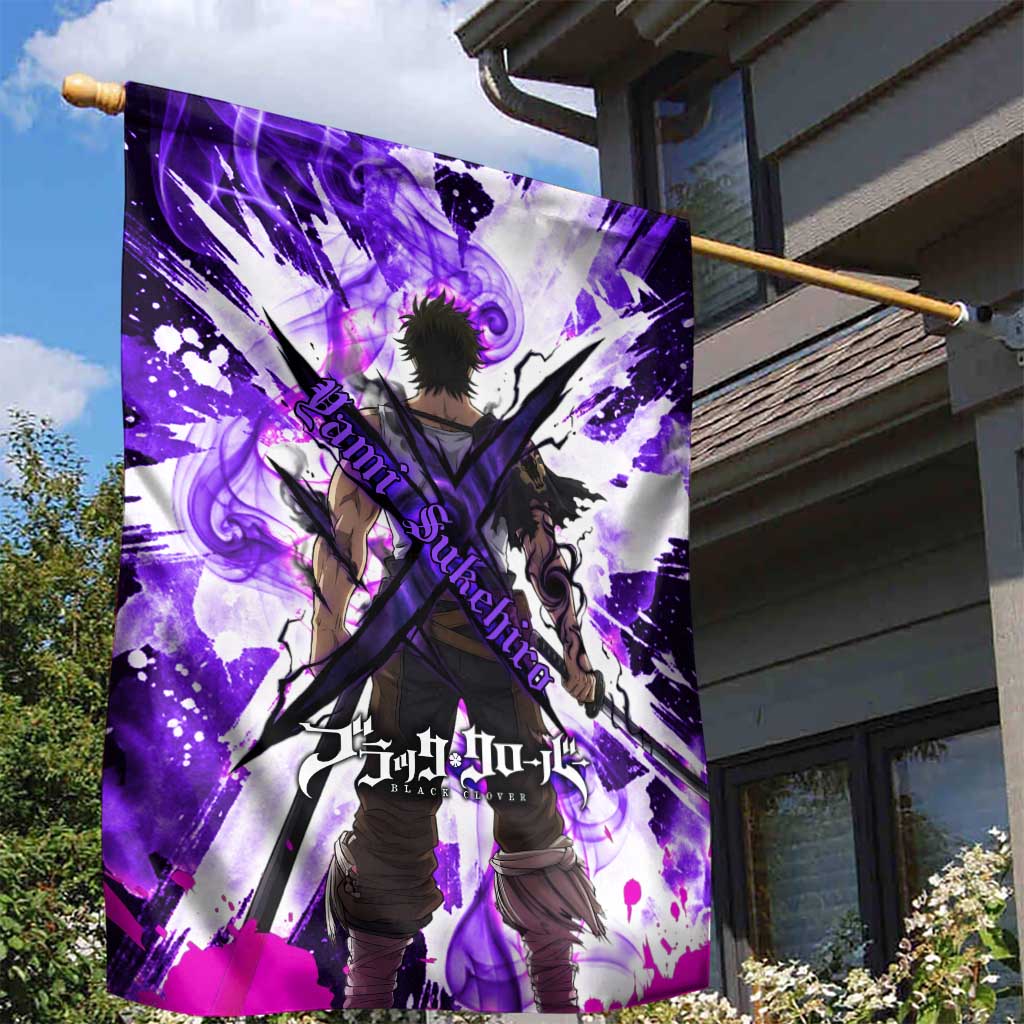 Yami Sukehiro Black Clover Garden Flag Dark Magic Anime Style with Purple Smoke and Bull Emblem