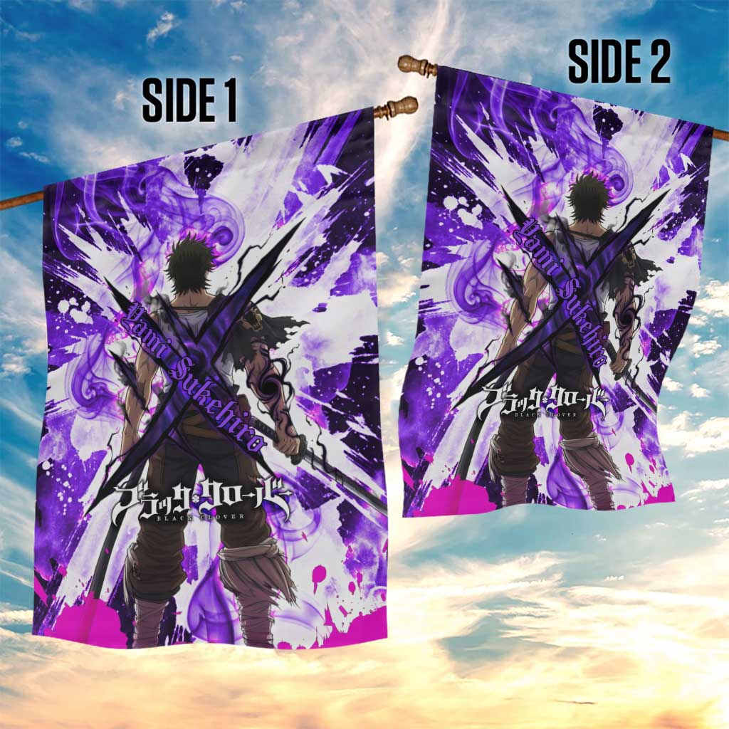 Yami Sukehiro Black Clover Garden Flag Dark Magic Anime Style with Purple Smoke and Bull Emblem